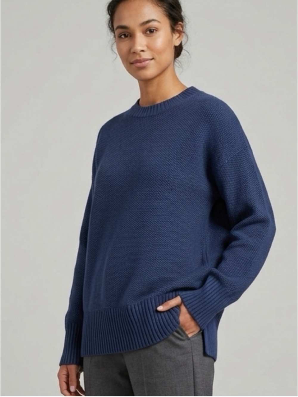 NWT Blue Waffle Knit Crewneck Sweater Oversized Thick Ribbed Trim Slouch S 1185